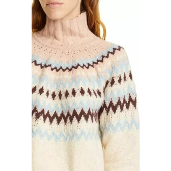 La Vie Knitted Rebecca Taylor Fair Isle Turtleneck Sweater Oatmel Combo Size XS - Picture 3 of 11